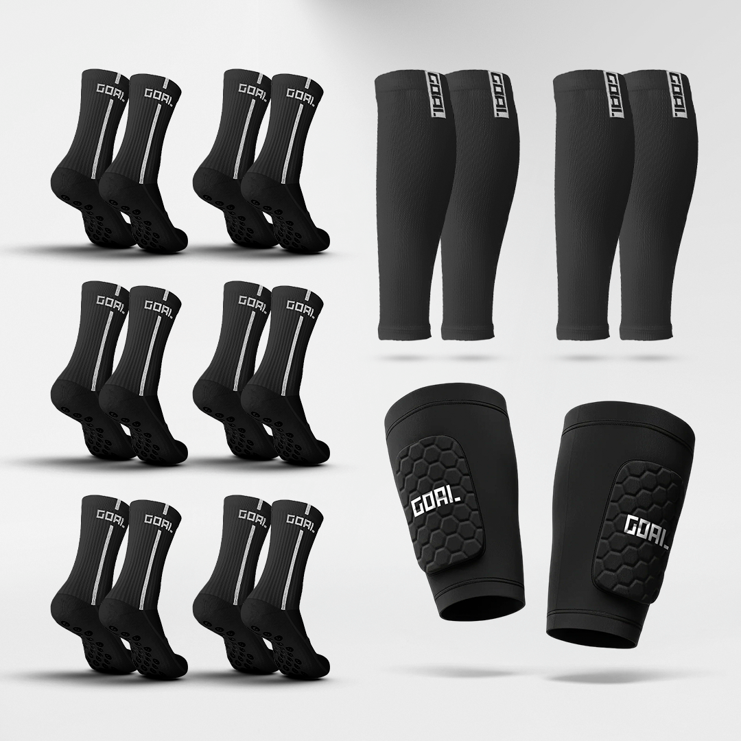 ESPINILLERAS INTEGRADAS + x6 GRIP SOCKS + x2 MANGAS PARA PANTORRILLAS
