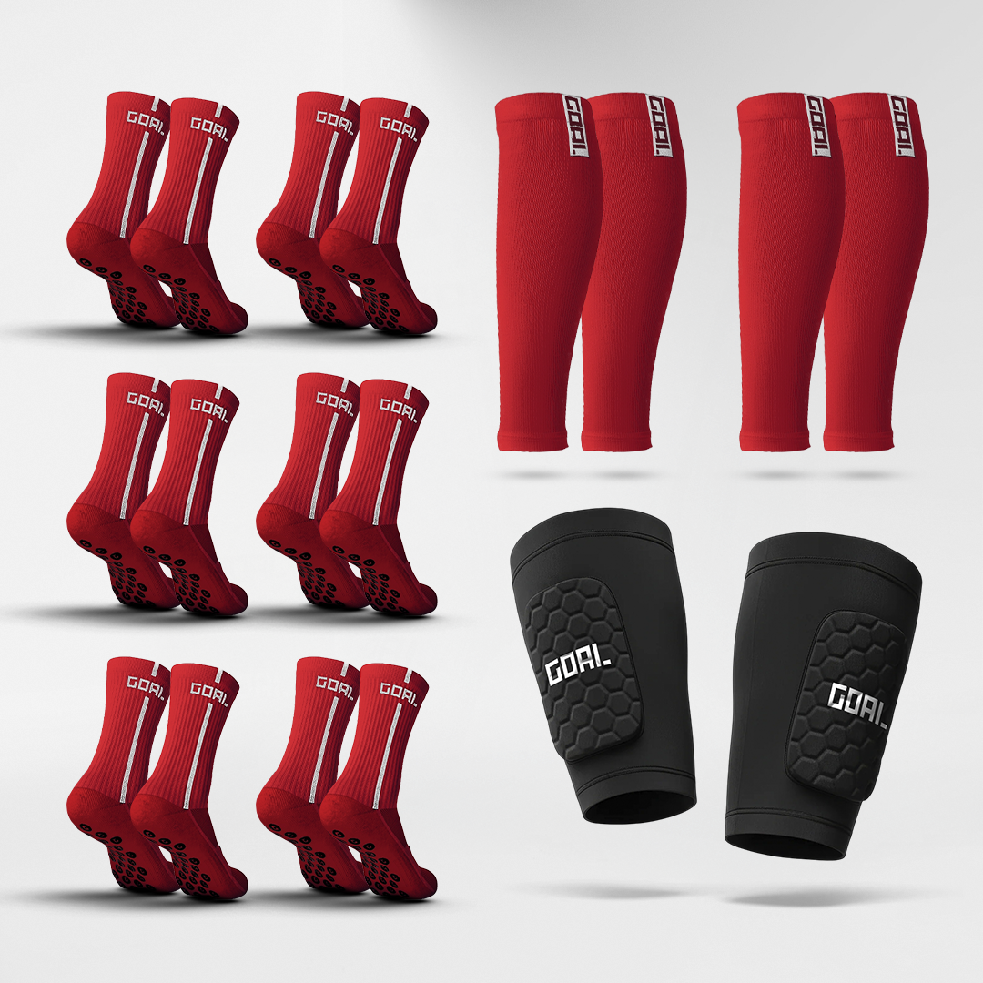 ESPINILLERAS INTEGRADAS + x6 GRIP SOCKS + x2 MANGAS PARA PANTORRILLAS